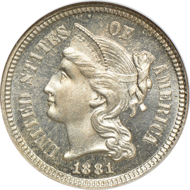 1881 three-cent nickel, and an 1888 Seated Liberty dime, both NGC PR-64 (no line) CAC