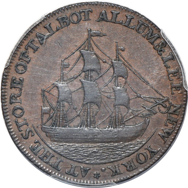 1783 Washington, Unity States Copper AU-50 CAC, 1794 Franklin Press token AU-55, and a 1795 Talbot Cent AU-53 CAC, all PCGS