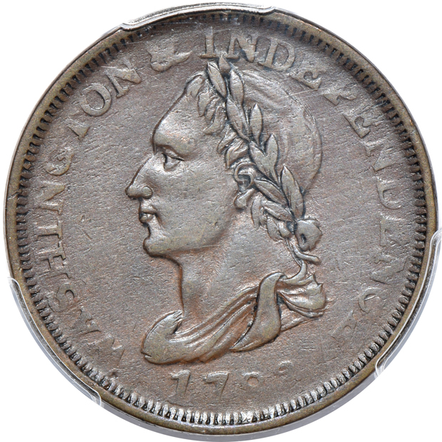 1783 Washington, Unity States Copper AU-50 CAC, 1794 Franklin Press token AU-55, and a 1795 Talbot Cent AU-53 CAC, all PCGS
