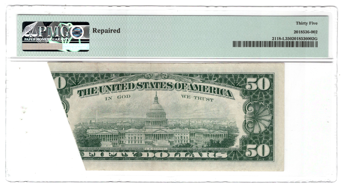 Error Currency - 1974 $50 San Francisco FRN Fr# 2118-L Printed Fold Over - PMG VF-35/repaired