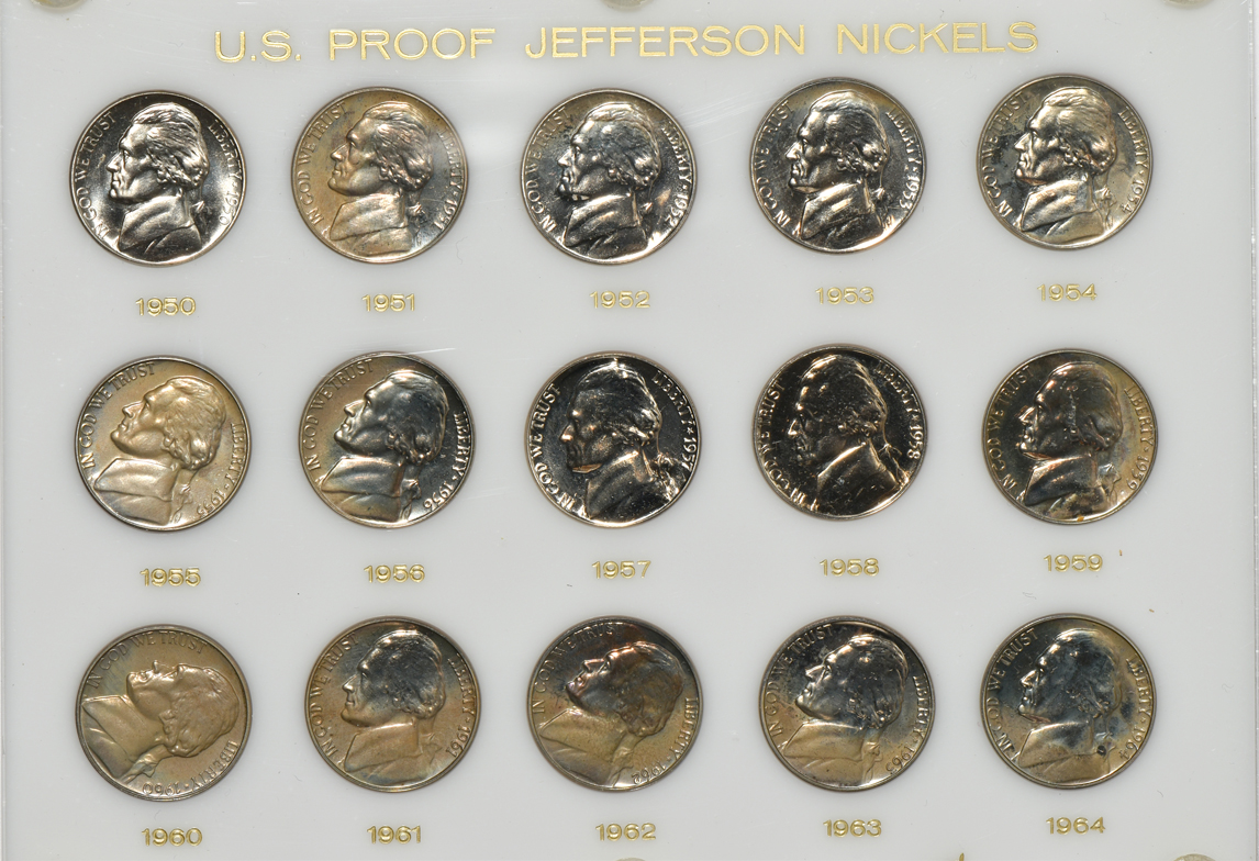 Collections of Proof Jefferson nickels, Roosevelt dimes, and Washington quarters 1950 through 1964, and a collection of Franklin half-dollars 1950 through 1963, all in Capital Plastic holders