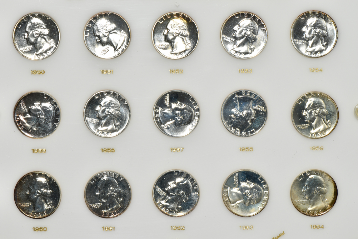 Collections of Proof Jefferson nickels, Roosevelt dimes, and Washington quarters 1950 through 1964, and a collection of Franklin half-dollars 1950 through 1963, all in Capital Plastic holders