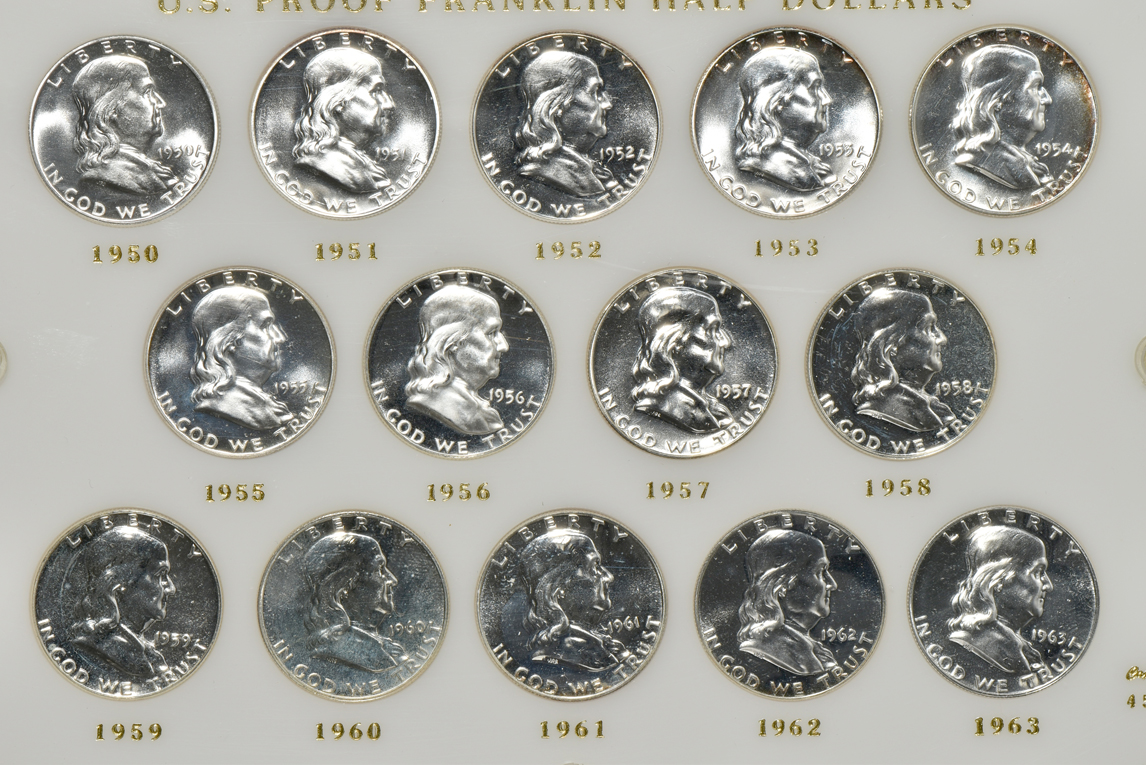 Collections of Proof Jefferson nickels, Roosevelt dimes, and Washington quarters 1950 through 1964, and a collection of Franklin half-dollars 1950 through 1963, all in Capital Plastic holders