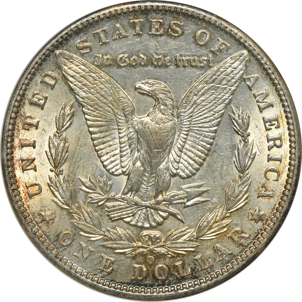 1878 7TF Reverse of 1879 MS-62, 1880-S MS-64, 1889-S MS-62, and an 1896-O AU-55, all ANACS
