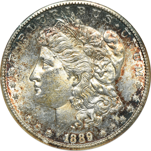 1878 7TF Reverse of 1879 MS-62, 1880-S MS-64, 1889-S MS-62, and an 1896-O AU-55, all ANACS