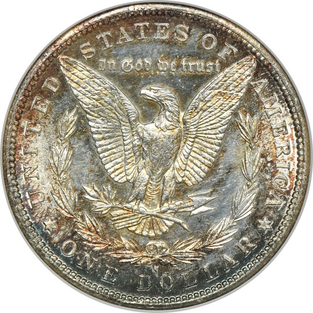1878 7TF Reverse of 1879 MS-62, 1880-S MS-64, 1889-S MS-62, and an 1896-O AU-55, all ANACS