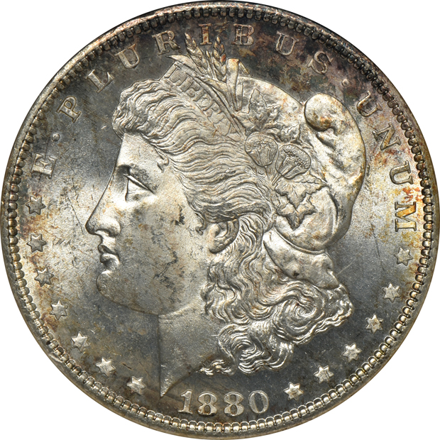 1878 7TF Reverse of 1879 MS-62, 1880-S MS-64, 1889-S MS-62, and an 1896-O AU-55, all ANACS