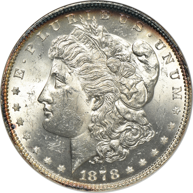1878 7TF Reverse of 1879 MS-62, 1880-S MS-64, 1889-S MS-62, and an 1896-O AU-55, all ANACS