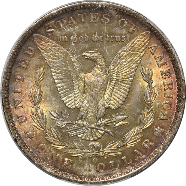 Five Uncirculated Morgan silver dollars certified by PCGS