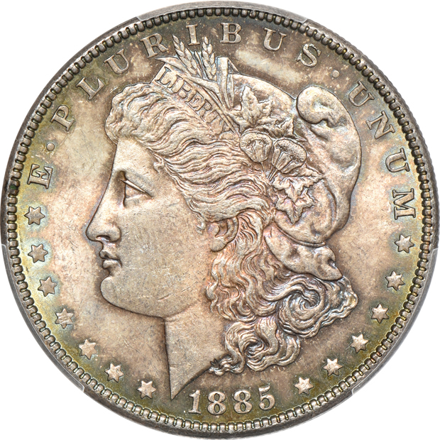 Five Uncirculated Morgan silver dollars certified by PCGS