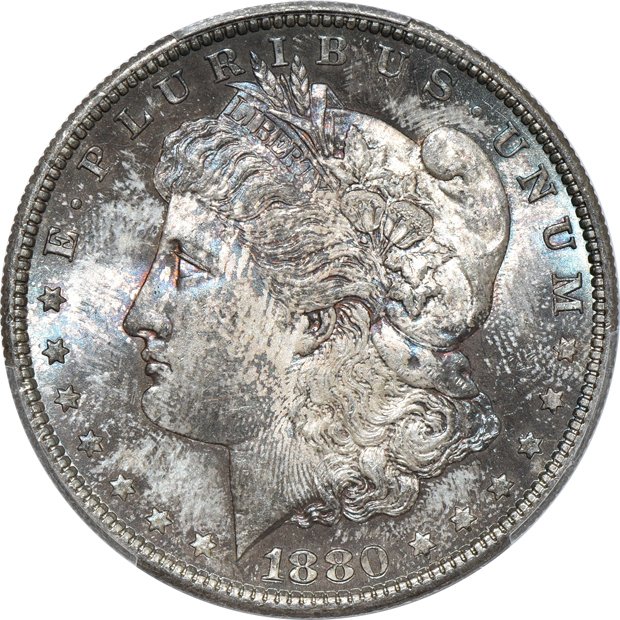 Five Uncirculated Morgan silver dollars certified by PCGS