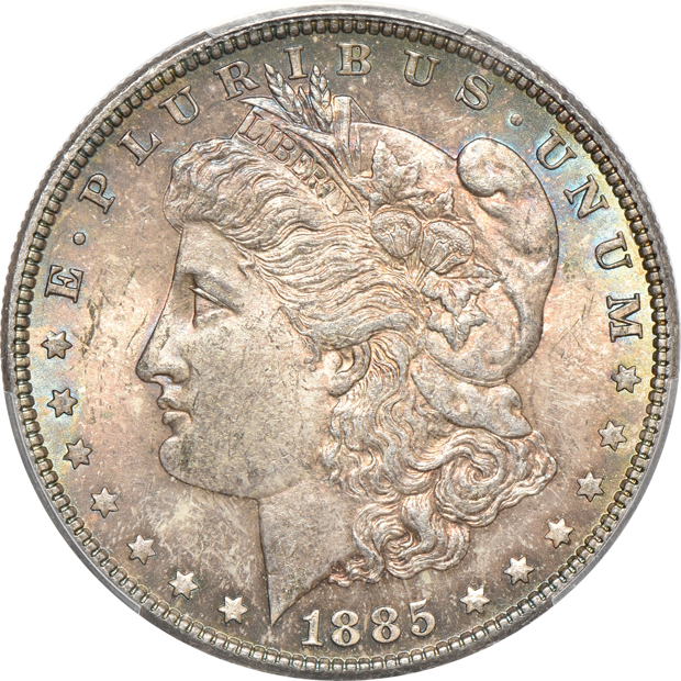 Five Uncirculated Morgan silver dollars certified by PCGS