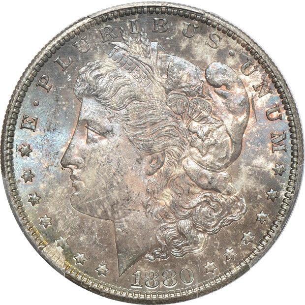 Five Uncirculated Morgan silver dollars certified by PCGS