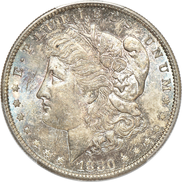 1880-S MS-63 CAC, 1882-S MS-66, and an 1899-O MS-66 CAC, all PCGS