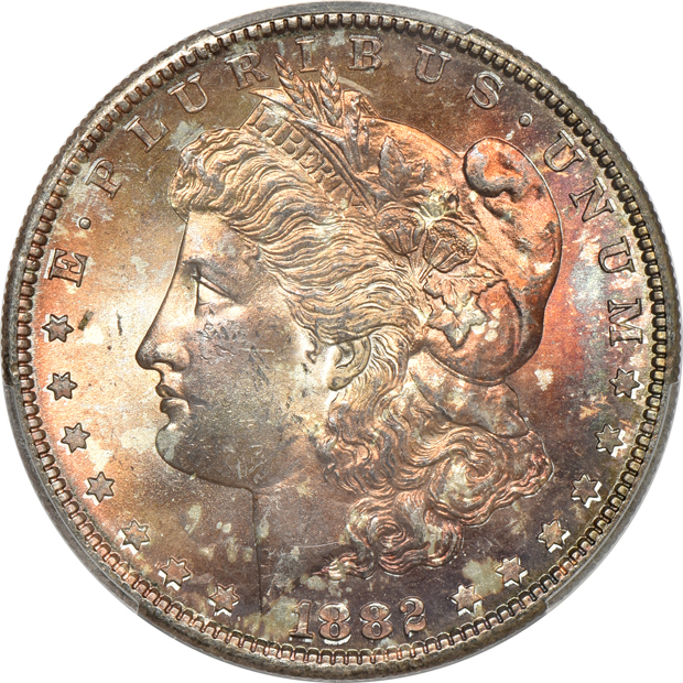 1880-S MS-63 CAC, 1882-S MS-66, and an 1899-O MS-66 CAC, all PCGS
