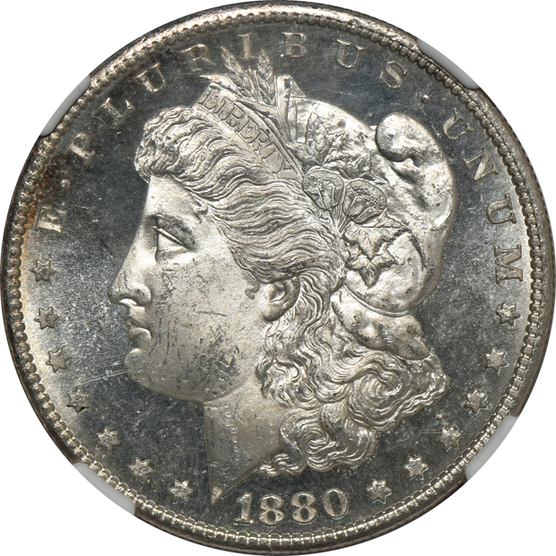 Six Morgan silver dollars certified MS-64 PL by NGC