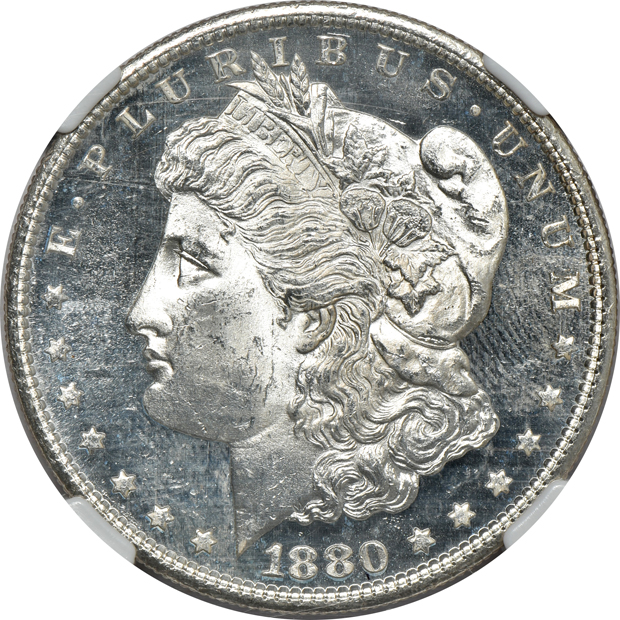 Six Morgan silver dollars certified MS-64 PL by NGC