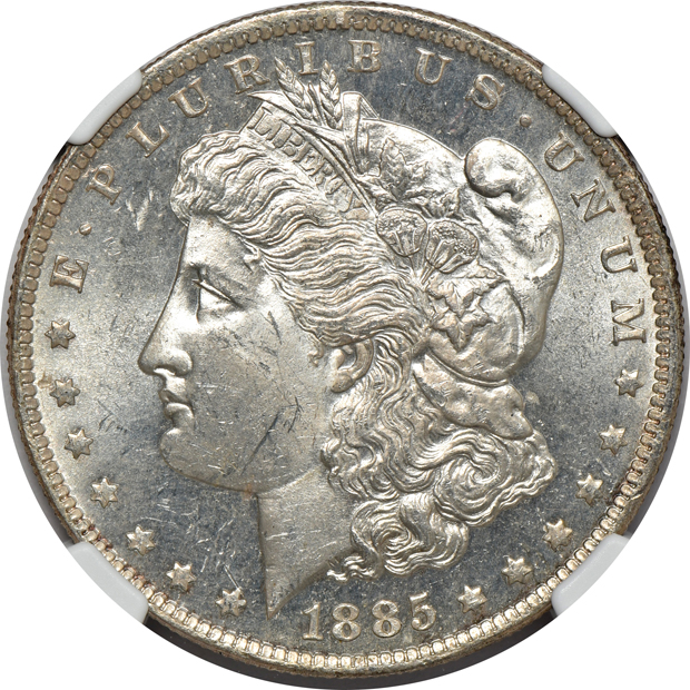 Six Morgan silver dollars certified MS-64 PL by NGC