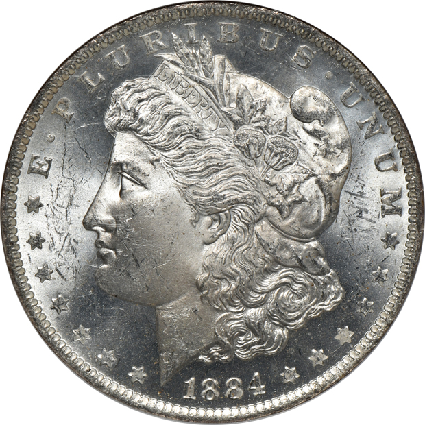Six Morgan silver dollars certified MS-64 PL by NGC