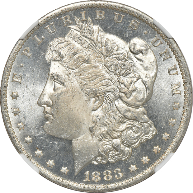 Six Morgan silver dollars certified MS-64 PL by NGC