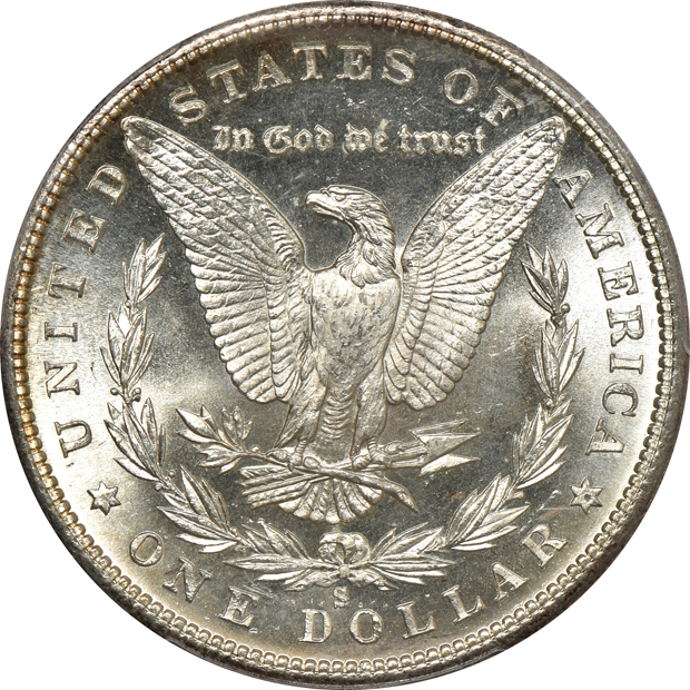 Five Morgan silver dollars, all PCGS MS-64