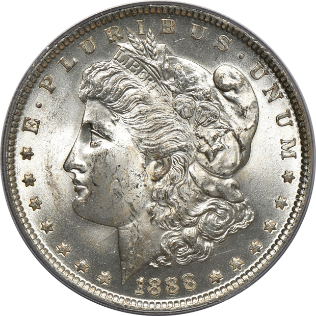 Five Morgan silver dollars, all PCGS MS-64