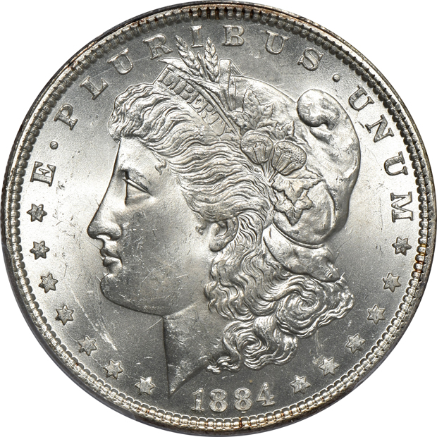 Five Morgan silver dollars, all PCGS MS-64