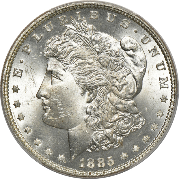 Five Morgan silver dollars, all PCGS MS-64