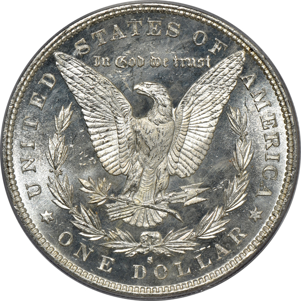 Four Morgan silver dollars, all PCGS MS-64PL