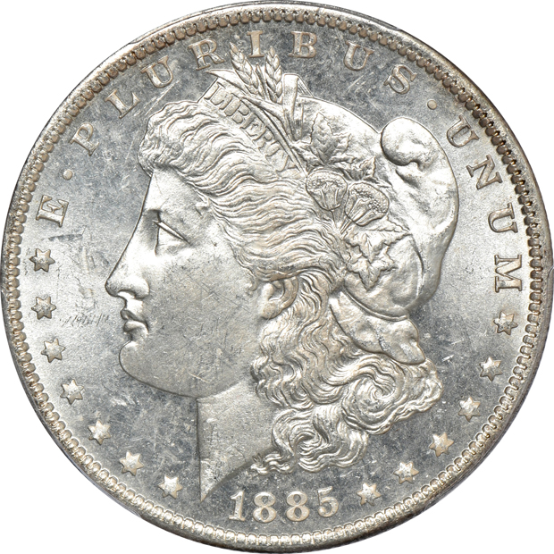 Four Morgan silver dollars, all PCGS MS-64PL
