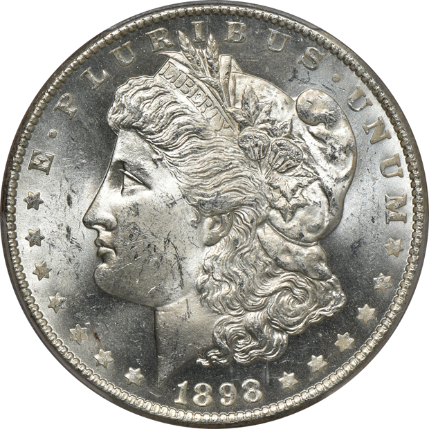 Four Morgan silver dollars, all PCGS MS-64PL