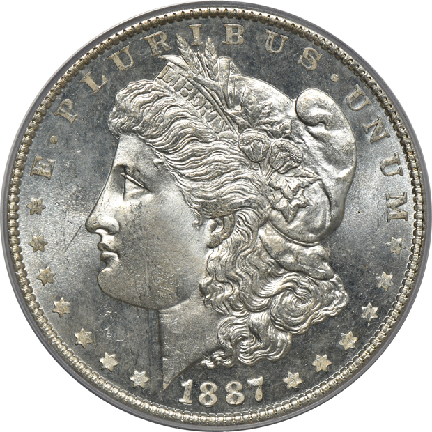 Four Morgan silver dollars, all PCGS MS-64PL