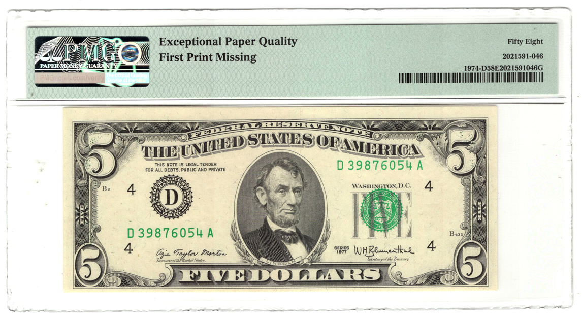 Error Currency - 1977 $5 Cleveland FRN Missing Print Error Fr# 1974-D - PMG AU-58 EPQ