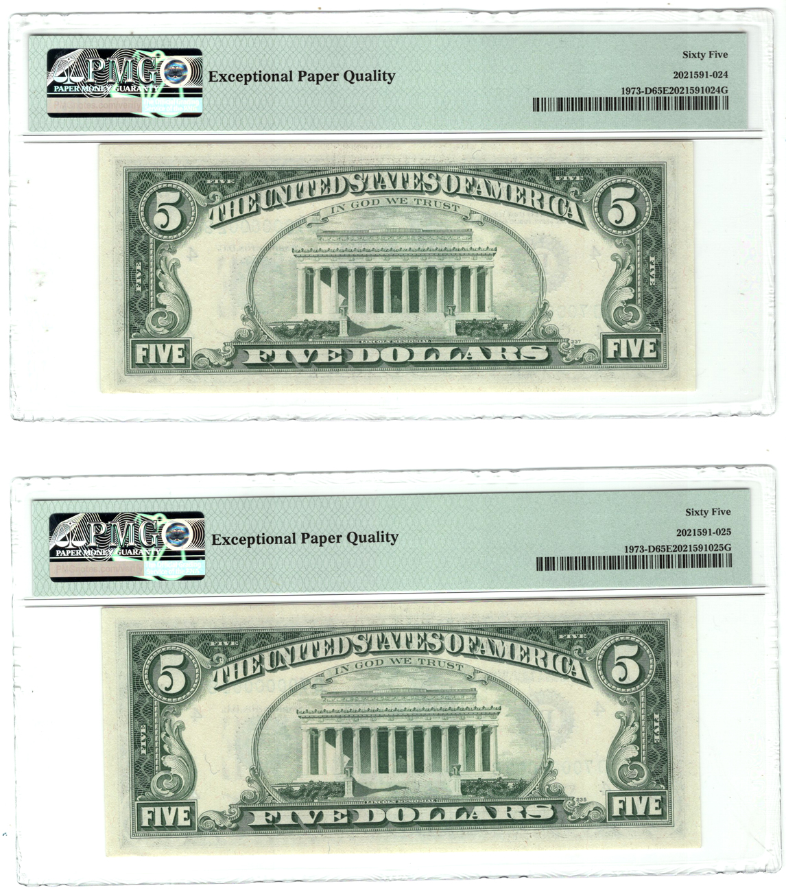 Eight mostly sequential 1974 $5 Cleveland Fr# 1973-D. D70000001B to D70000009B, missing 7 - One PMG ChCU-64 EPQ and seven PMG ChCU-65 EPQ