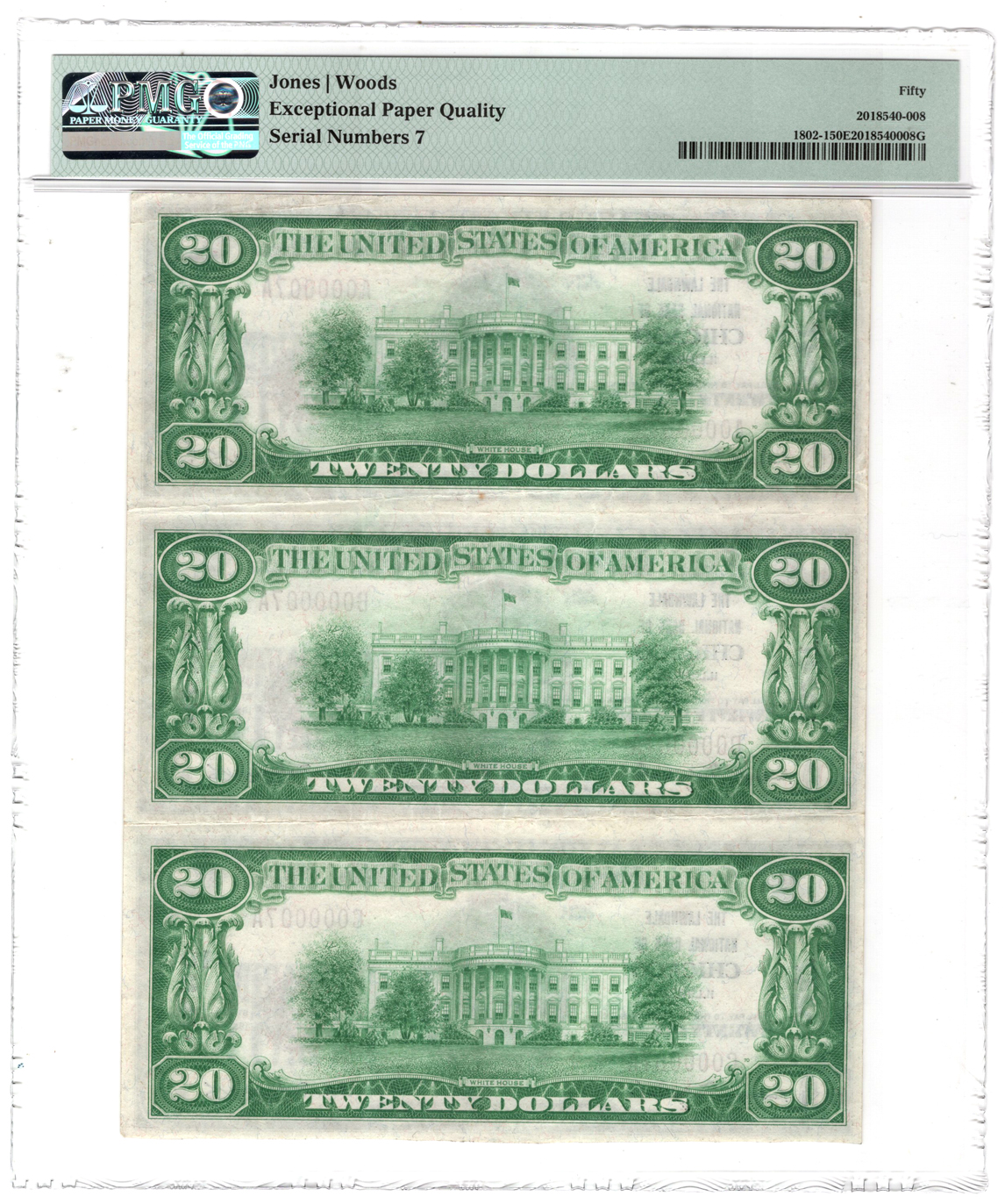 Sheet of three 1929 $20 Type 1 - Chicago, IL Charter #10247 - PMG AU-50 EPQ