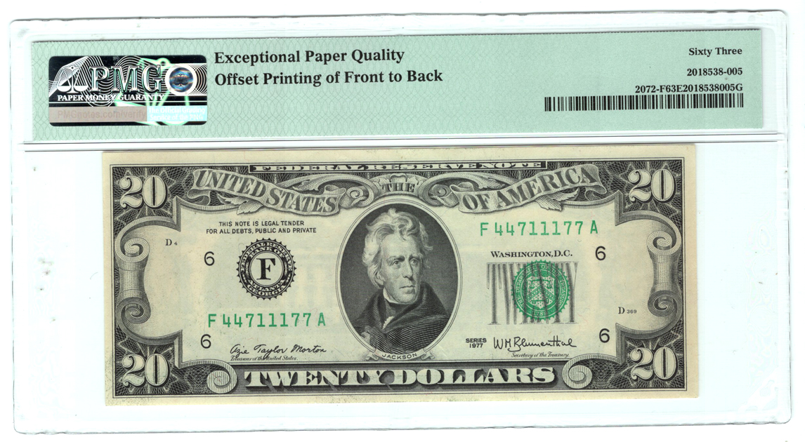 Error Currency - 1977 $20 Atlanta FRN Fr# 2072-F Offset Printing of Front to Back - PMG ChCU-63 EPQ