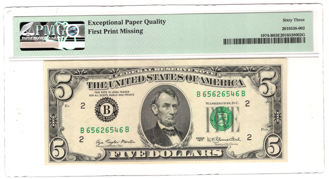 Error Currency - 1977 $5 New York FRN Fr# 1974-B First Print Missing - PMG ChCU-63 EPQ