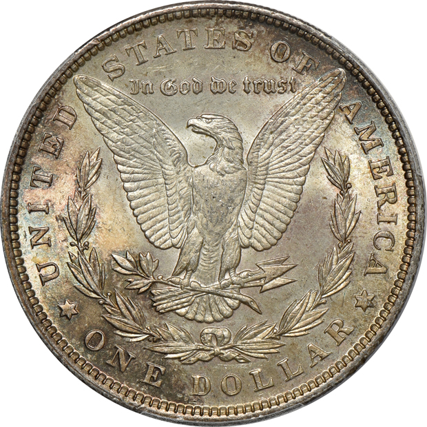 Four Morgan silver dollars, all PCGS MS-65 CAC