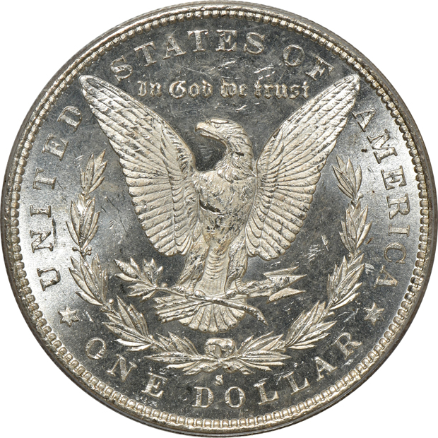 Four Uncirculated Morgan Silver dollars certified by PCGS (one rattler, three green label)