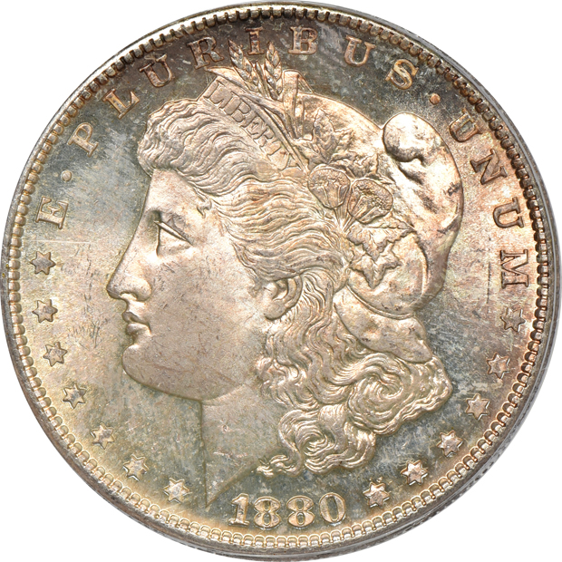 Four Uncirculated Morgan Silver dollars certified by PCGS (one rattler, three green label)