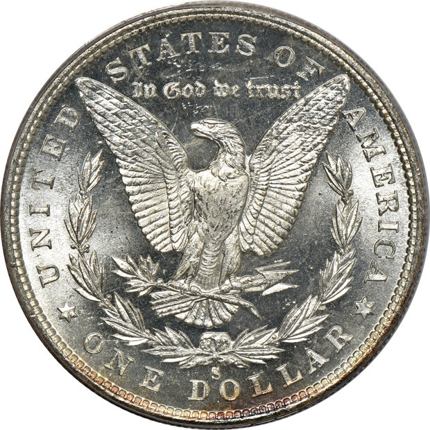 Four Uncirculated Morgan Silver dollars certified by PCGS (one rattler, three green label)