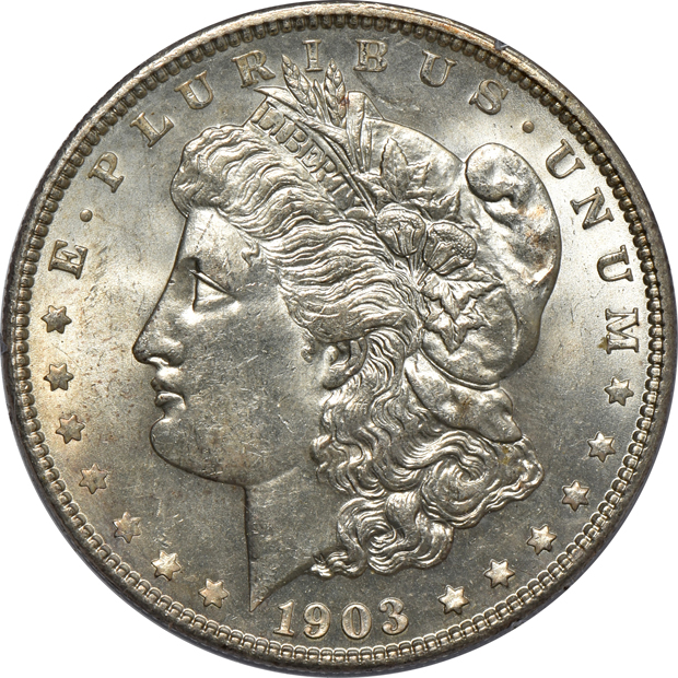 Four Uncirculated Morgan Silver dollars certified by PCGS (one rattler, three green label)