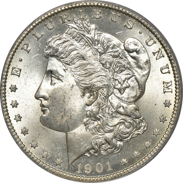 Four Uncirculated Morgan Silver dollars certified by PCGS (one rattler, three green label)