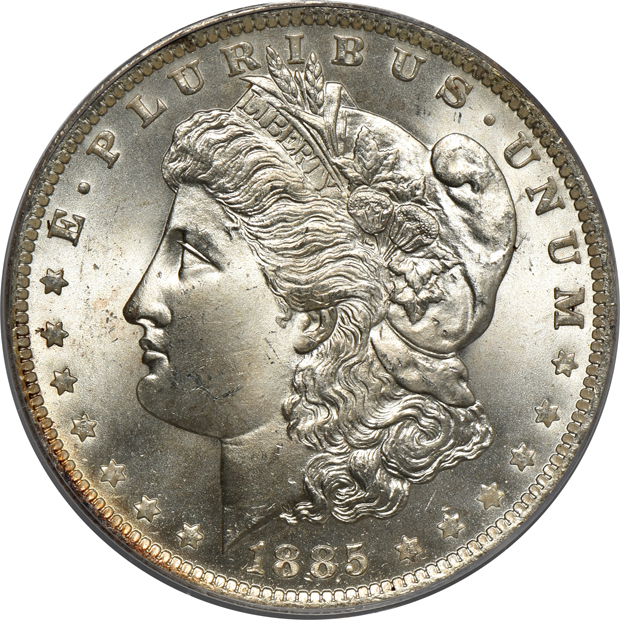 Seven Uncirculated Morgan silver dollars certified by PCGS (one rattler, six green label) all CAC