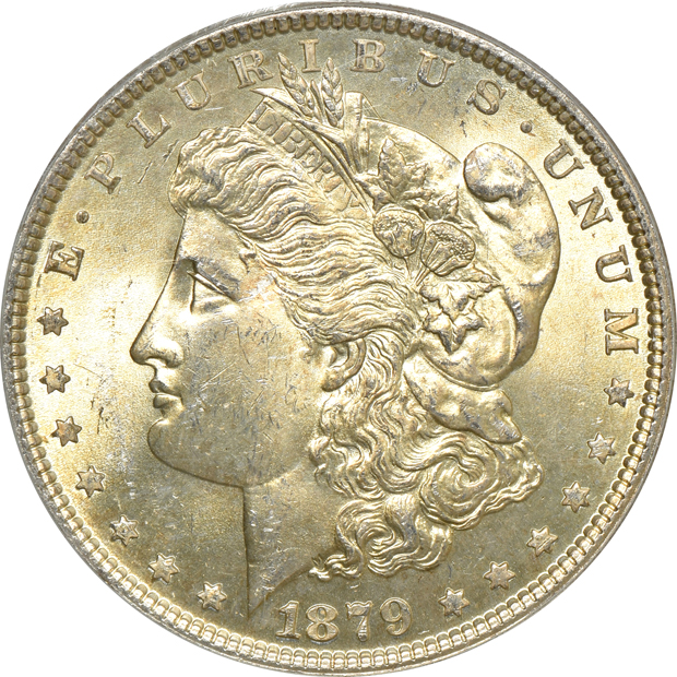 Seven Uncirculated Morgan silver dollars certified by PCGS (one rattler, six green label) all CAC