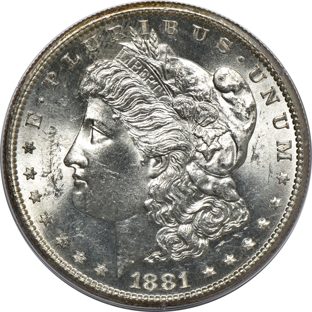 Seven Uncirculated Morgan silver dollars certified by PCGS (one rattler, six green label) all CAC