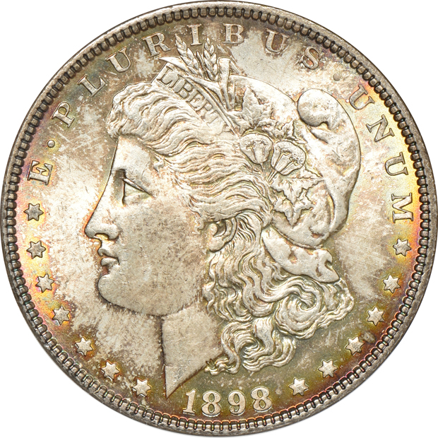 1878-S Morgan silver dollar MS-65, 1898 Morgan silver dollar MS-65 CAC, and a 1935 Peace silver dollar MS-64 CAC, all NGC (no line)