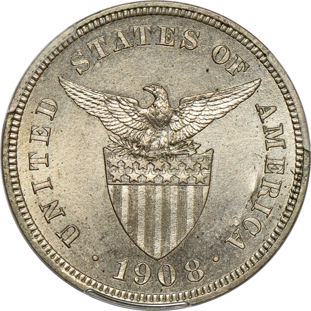 1904 5 centavos PR-64, 1906 5 centavos PR-62, and a 1908 5 centavos PR-64, all PCGS