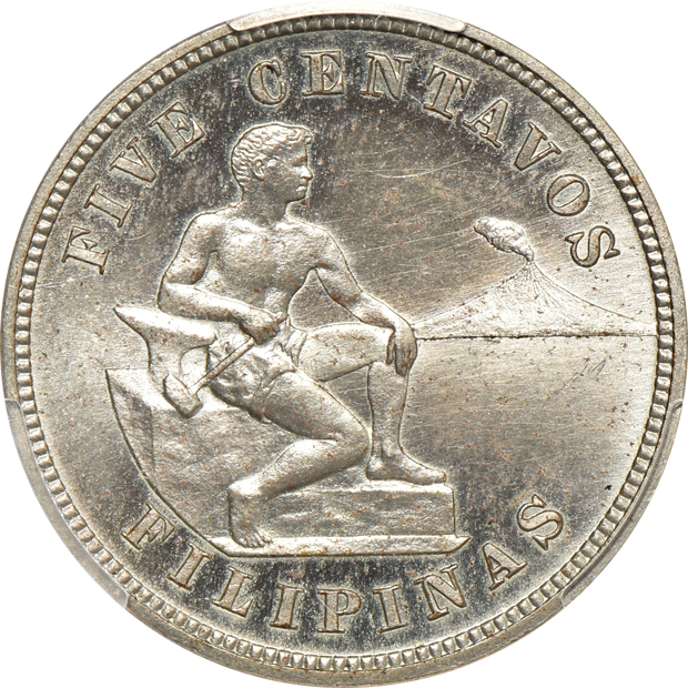 1904 5 centavos PR-64, 1906 5 centavos PR-62, and a 1908 5 centavos PR-64, all PCGS