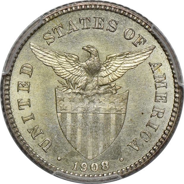 1904 20 centavos PR-61, 1906 20 centavos PR-63, and a 1908 20 centavos PR-63, all PCGS